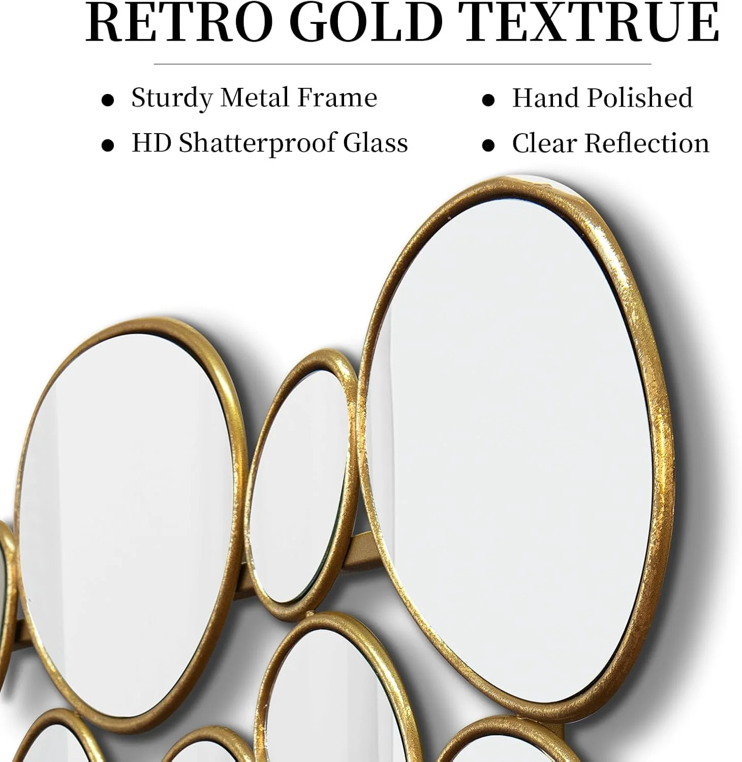 آینه دیواری تزئینی طلایی - آینه بزرگ اتاق نشیمن ۲۳x۵۱ اینچی برای دکور دیوار، آینه تاکیدی قاب فلزی با طراحی سنگریزه چند سایز ۵۵ تکه برای ورودی مدرن، دکوراسیون منزل