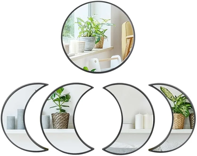 ست آینه دکوراتیو ماه، 5 تکه، دکور دیوار آینه ای به سبک بوهو، دکوراسیون به سبک اروپای شمالی برای اتاق خواب، اتاق نشیمن (مشکی)