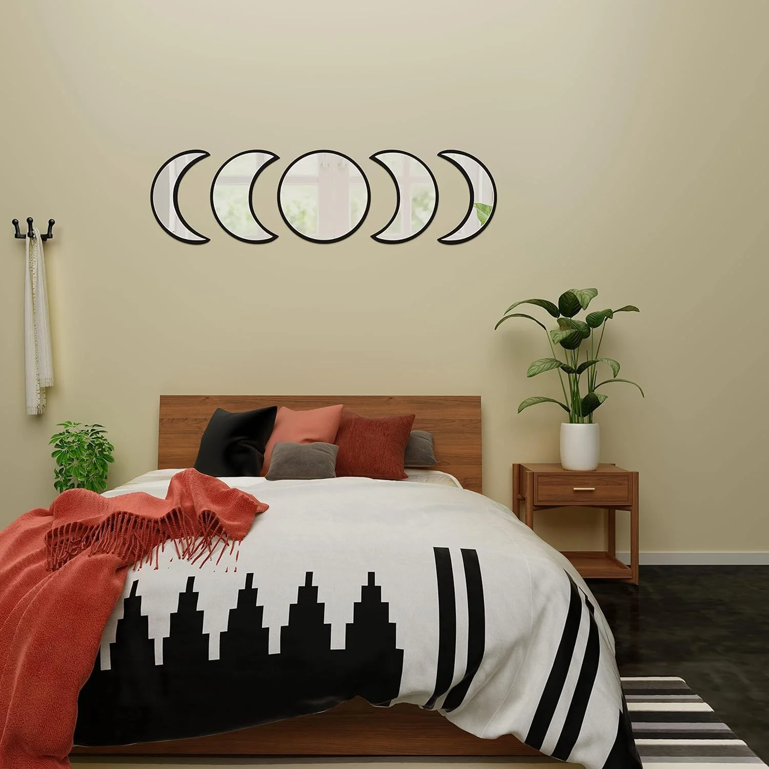 ست آینه دکوراتیو ماه، 5 تکه، دکور دیوار آینه ای به سبک بوهو، دکوراسیون به سبک اروپای شمالی برای اتاق خواب، اتاق نشیمن (مشکی)