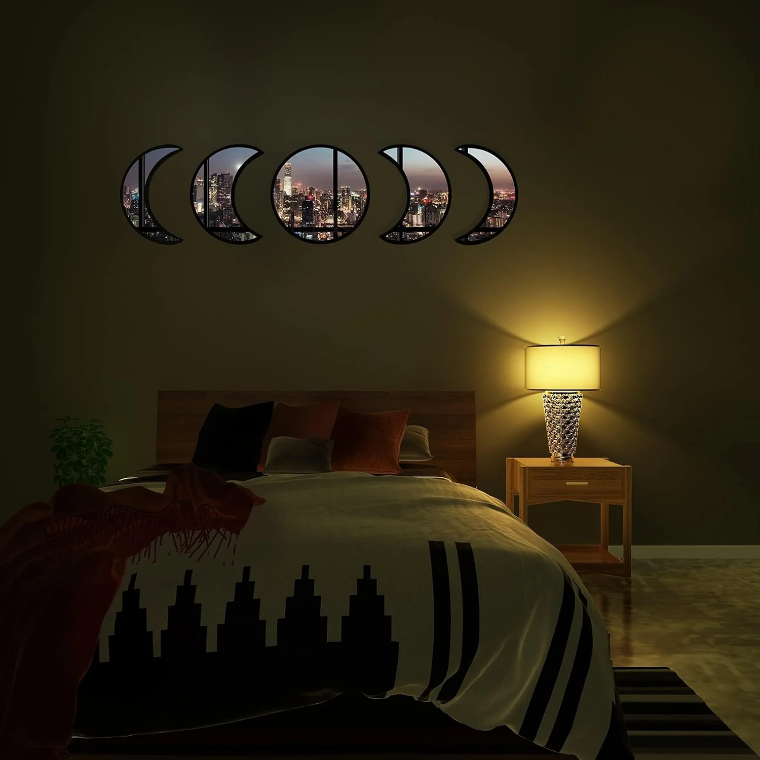 ست آینه دکوراتیو ماه، 5 تکه، دکور دیوار آینه ای به سبک بوهو، دکوراسیون به سبک اروپای شمالی برای اتاق خواب، اتاق نشیمن (مشکی)