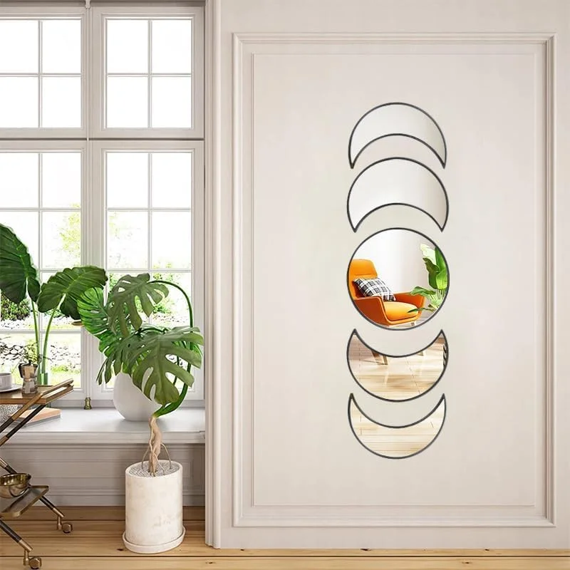 ست آینه دکوراتیو ماه، 5 تکه، دکور دیوار آینه ای به سبک بوهو، دکوراسیون به سبک اروپای شمالی برای اتاق خواب، اتاق نشیمن (مشکی)