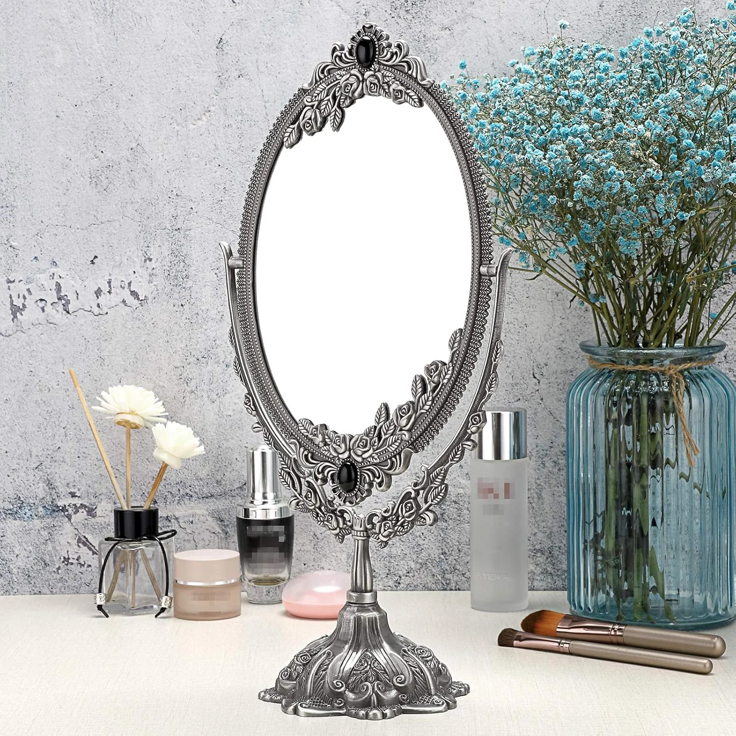 آینه آرایشی سومتری، آینه رومیزی دو طرفه بیضی شکل با طراحی قدیمی و چرخان (بزرگ، نقره ای)