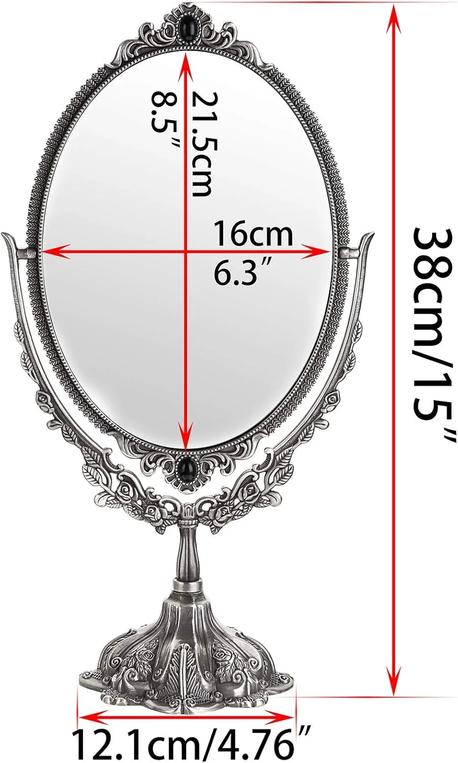 آینه آرایشی سومتری، آینه رومیزی دو طرفه بیضی شکل با طراحی قدیمی و چرخان (بزرگ، نقره ای)