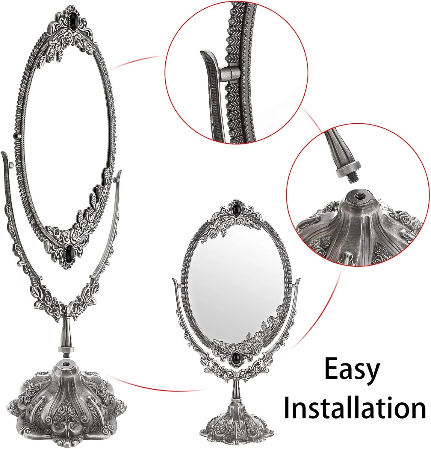 آینه آرایشی سومتری، آینه رومیزی دو طرفه بیضی شکل با طراحی قدیمی و چرخان (بزرگ، نقره ای)