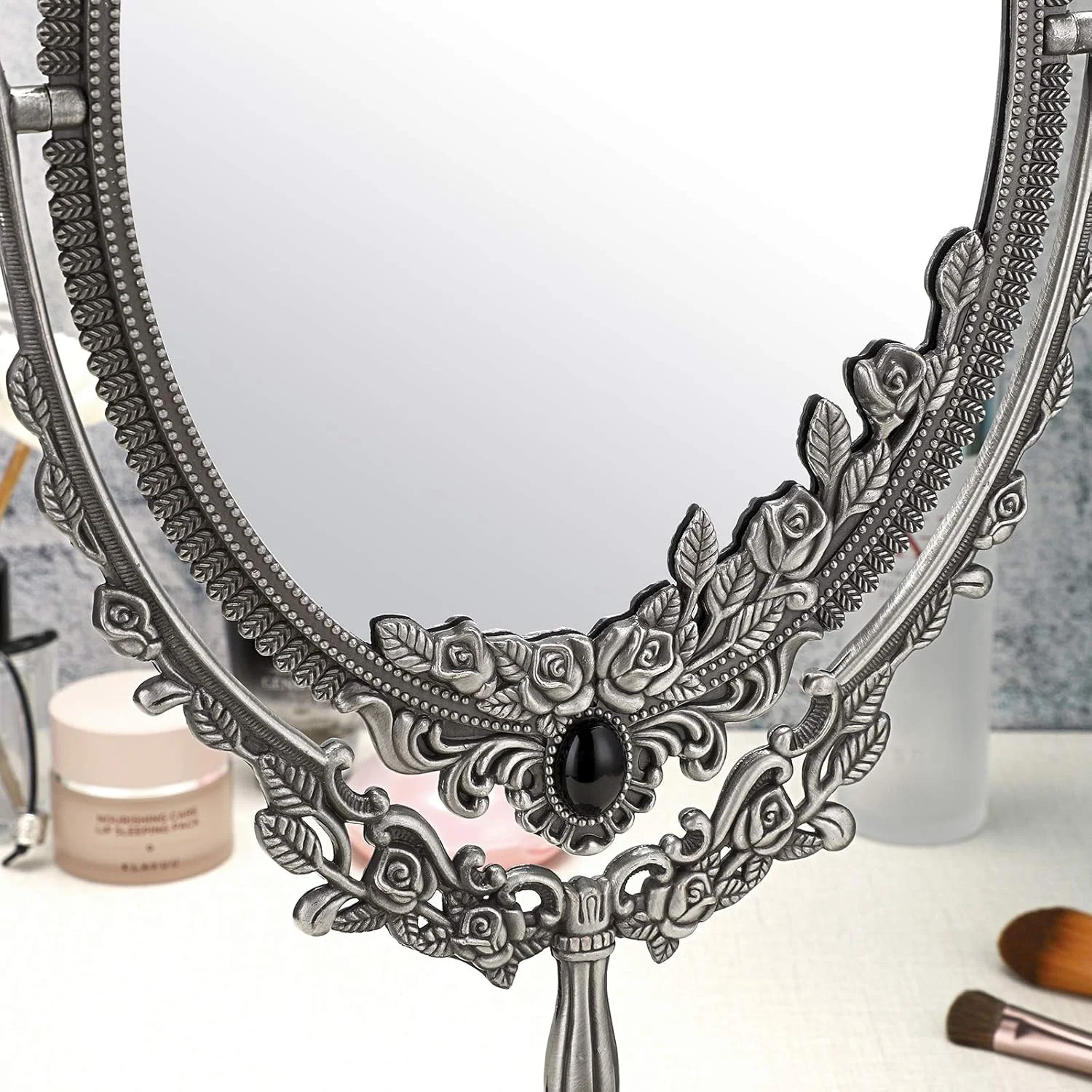 آینه آرایشی سومتری، آینه رومیزی دو طرفه بیضی شکل با طراحی قدیمی و چرخان (بزرگ، نقره ای)