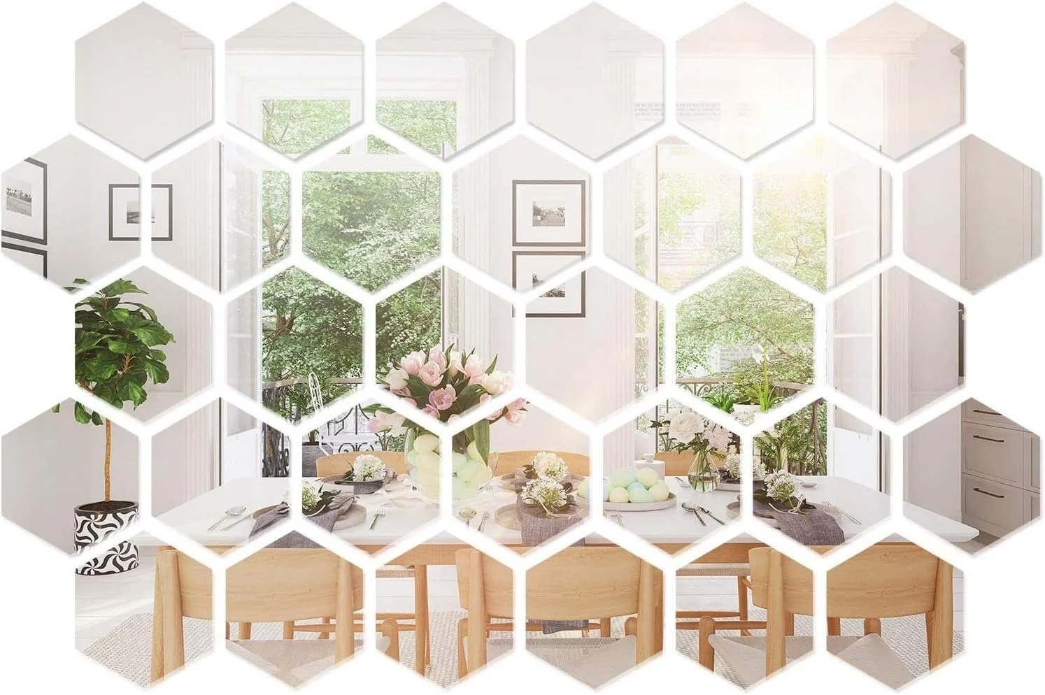 32 عدد استیکر دیواری آینه ای شش ضلعی، استیکرهای دیواری آینه ای اکریلیک، کاشی های آینه ای خود چسب اکریلیک DIY، استیکرهای تزئینی هنری دیواری برای دکوراسیون پس زمینه خانه، اتاق نشیمن و اتاق خواب (نقره ای)