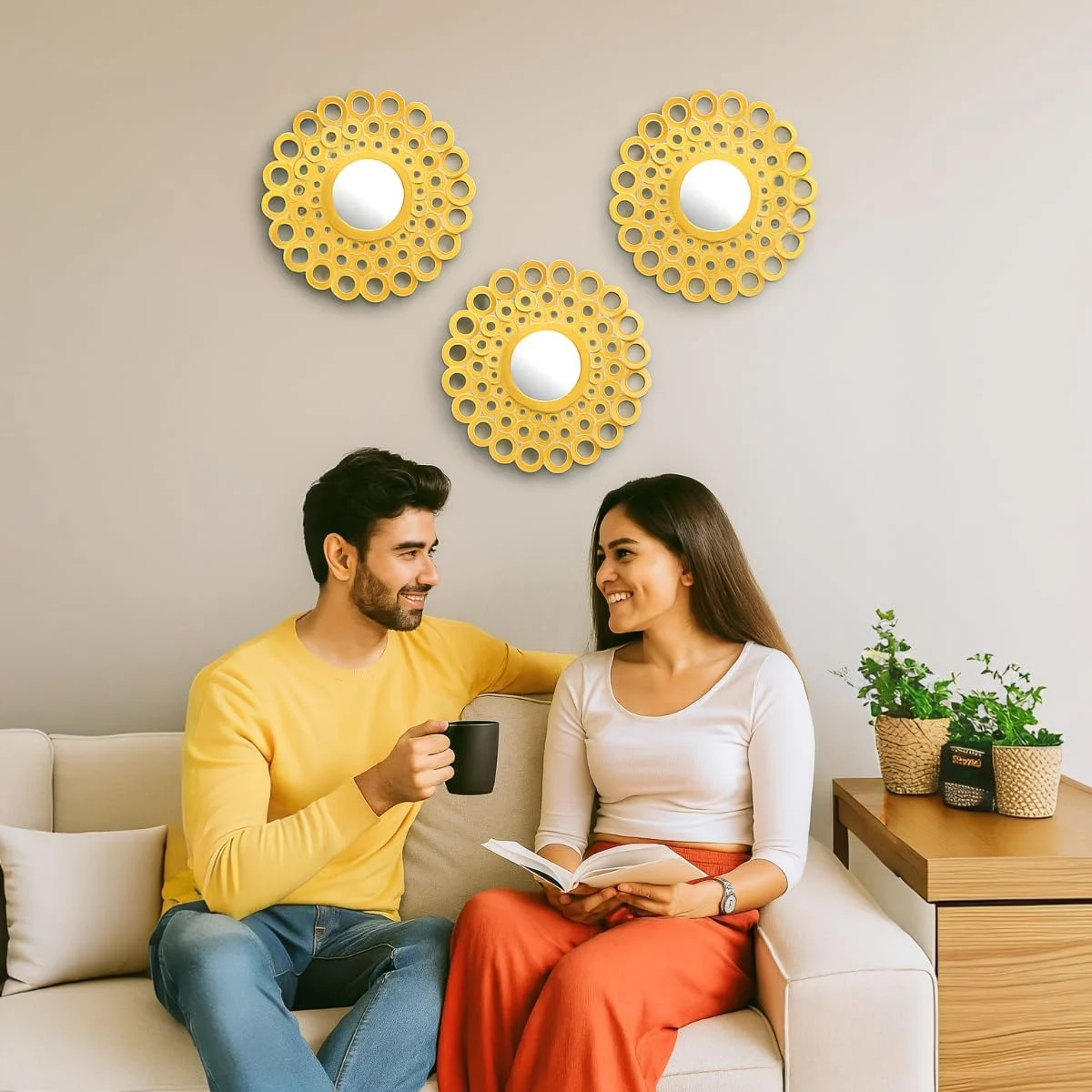 ست سه تایی آینه های تزئینی دیواری با قطر 25 سانتیمتر، مناسب اتاق نشیمن، دکوراسیون منزل و اتاق خواب، آینه های گرد آویز - طلایی