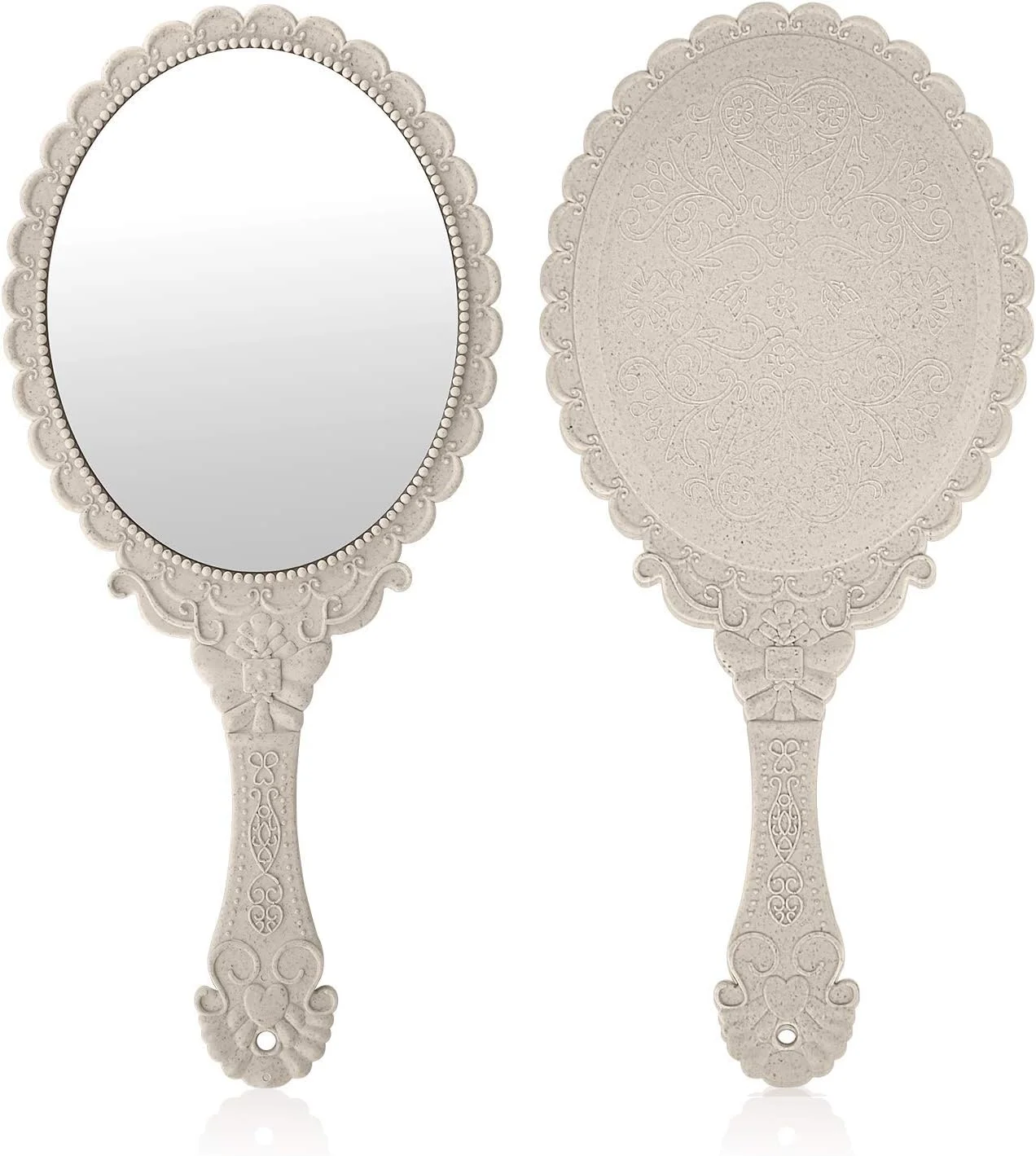 آینه دستی با دسته TERRIFI، آینه های کوچک آرایشی برای کیف دستی زنانه، آینه های جیبی کوچک برای دختران با طرح گل برجسته تزئینی (سفید عاجی) 2 عدد