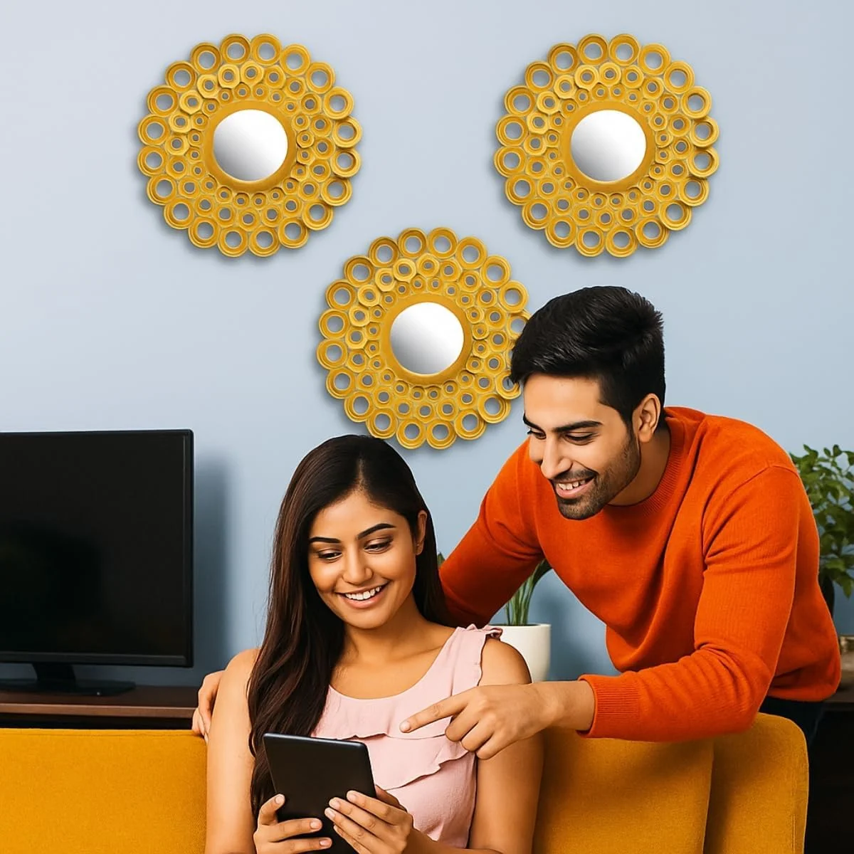 ست سه تایی آینه های تزئینی دیواری با قطر 25 سانتیمتر، مناسب اتاق نشیمن، دکوراسیون منزل و اتاق خواب، آینه های گرد آویز - طلایی ست سه تایی آینه های تزئینی دیواری با قطر 25 سانتیمتر، مناسب اتاق نشیمن، دکوراسیون منزل و اتاق خواب، آینه های گرد آویز - طلایی