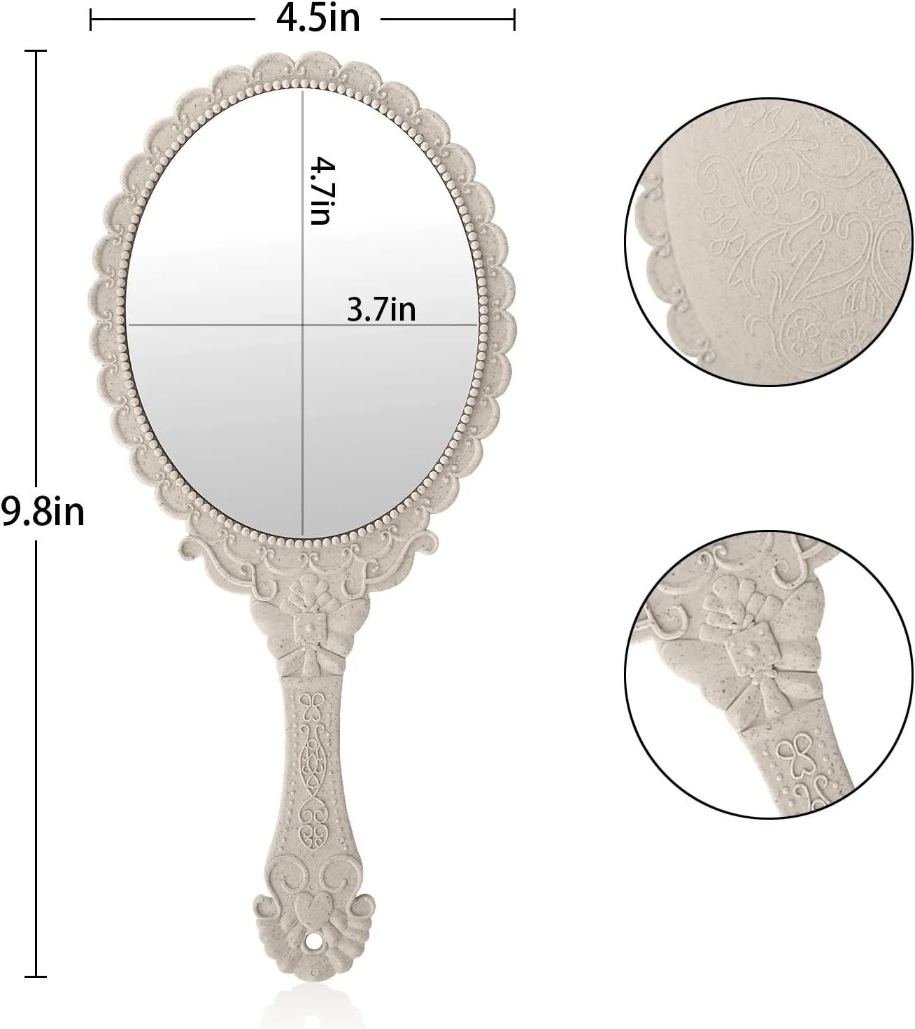 آینه دستی TERRIFI با دسته، آینه آرایشی کوچک برای کیف دستی زنانه، آینه جیبی کوچک برای دختران با طرح گل برجسته تزئینی (سفید عاجی) 2 عدد