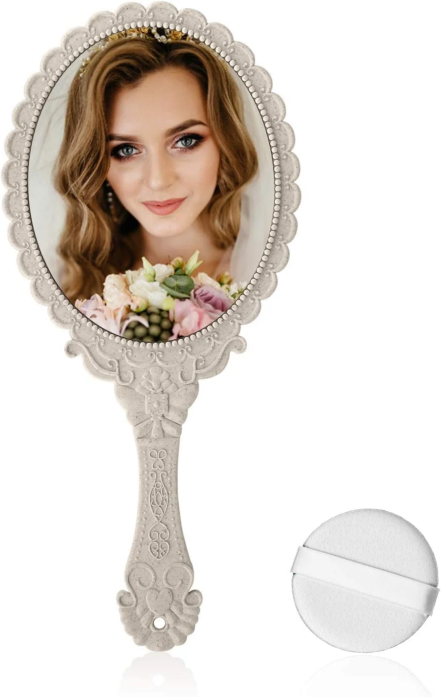 آینه دستی TERRIFI با دسته، آینه آرایشی کوچک برای کیف دستی زنانه، آینه جیبی کوچک برای دختران با طرح گل برجسته تزئینی (سفید عاجی) 2 عدد