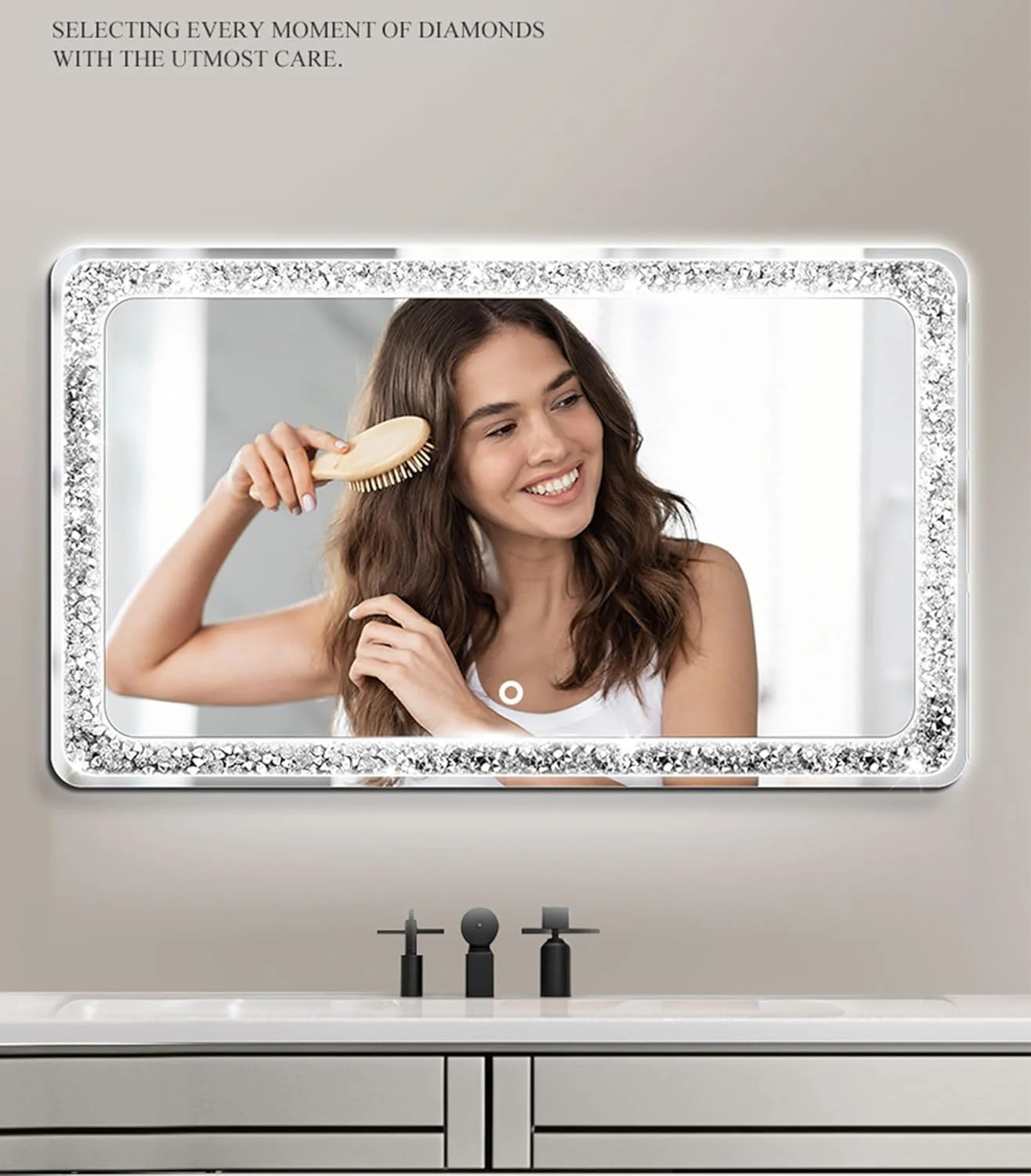 آینه حمام ال ای دی VPHOME، مستطیل گرد، مناسب دیوار، آینه تزئینی الماس کریستالی برای حمام، اتاق نشیمن، ورودی (نقره ای، 75x120 سانتی متر)