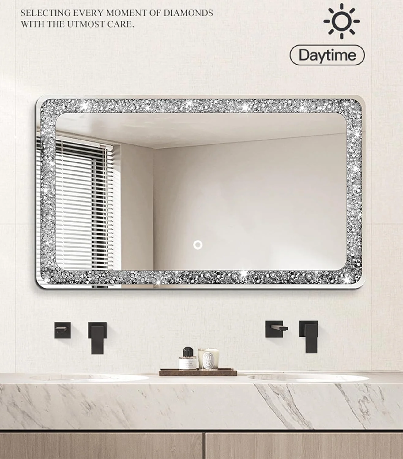 آینه حمام ال ای دی VPHOME، مستطیل گرد، مناسب دیوار، آینه تزئینی الماس کریستالی برای حمام، اتاق نشیمن، ورودی (نقره ای، 75x120 سانتی متر)