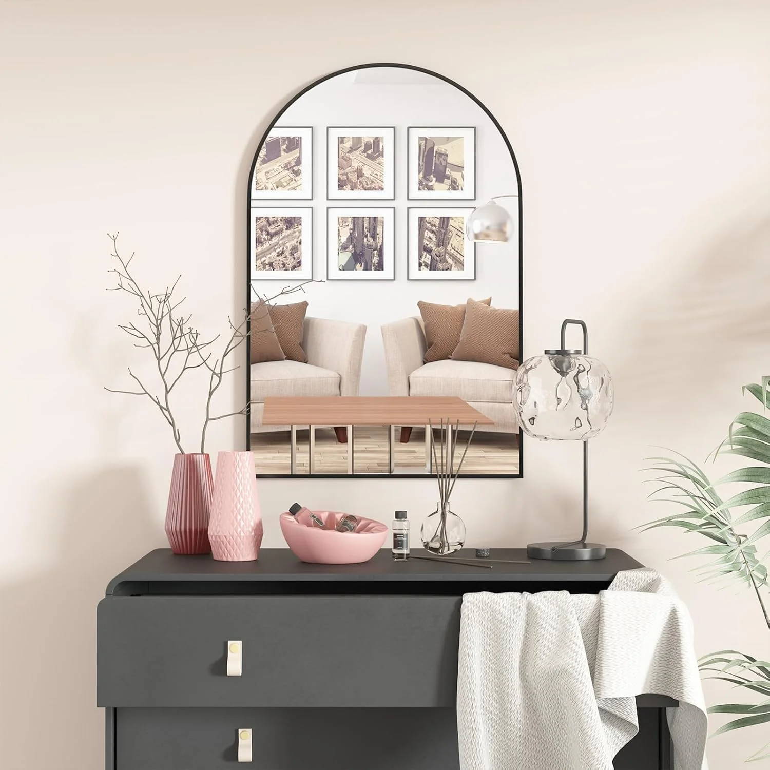 آینه قوسی VPHOME، آینه دیواری قوسی، آینه قوسی مشکی 60x90 سانتی متر، آینه حمام با قاب فلزی، آینه روشویی حمام برای اتاق نشیمن، اتاق خواب، ورودی راهرو (مشکی)