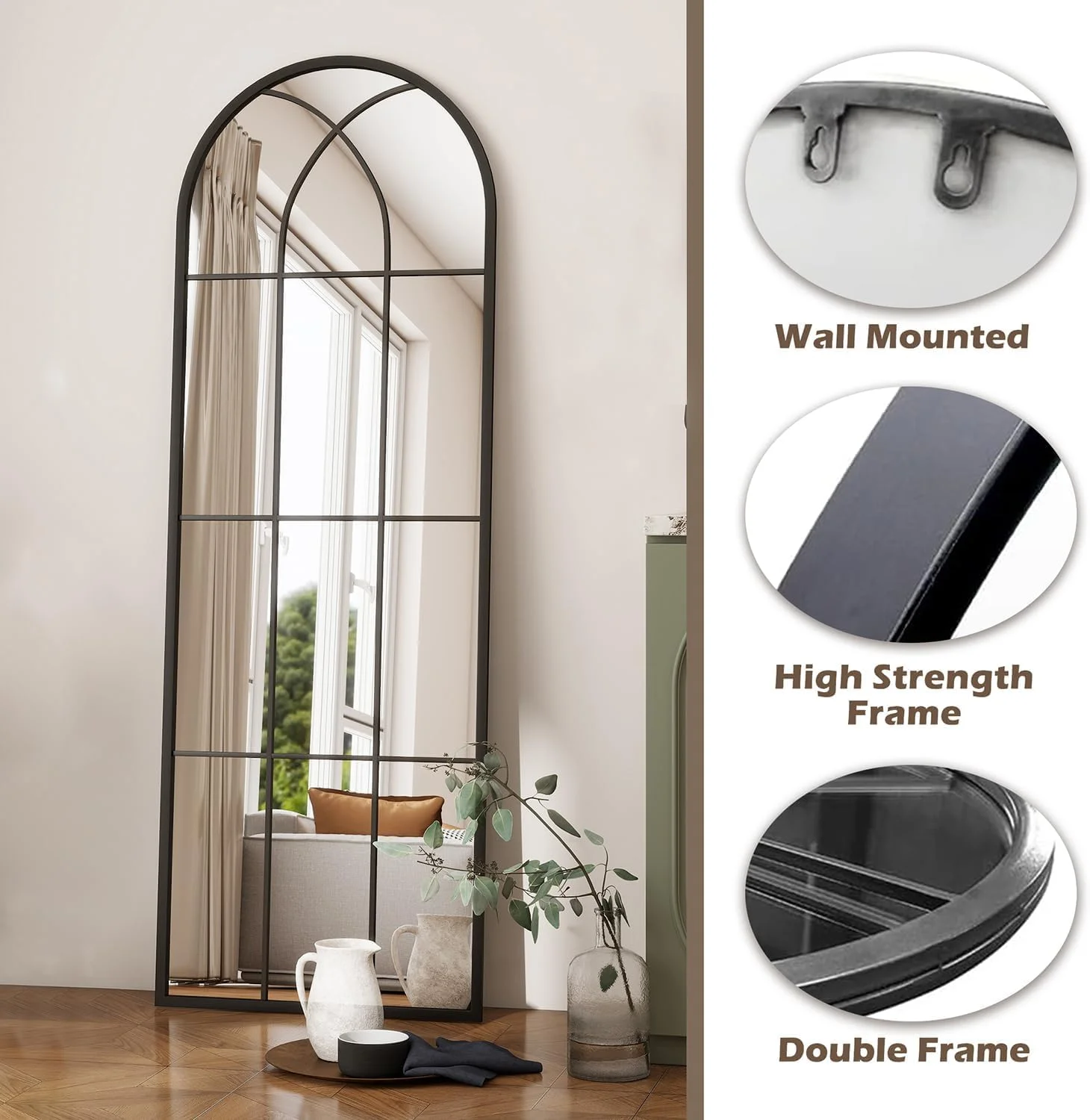 آینه قدی قوسی VPHOME، طرح پنجره، ابعاد 55x165 سانتی‌متر، قاب فلزی، طرح طاق‌دار، آینه دکوراتیو روستیک، طرح پنجره (مشکی)