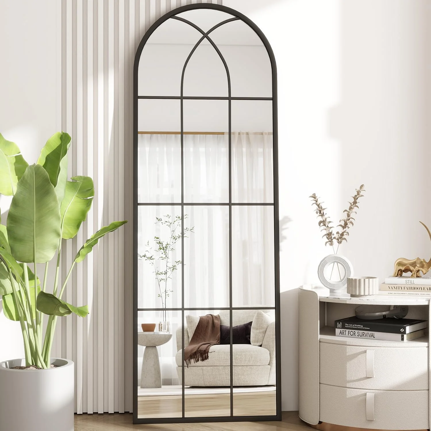 آینه قدی قوسی VPHOME، طرح پنجره، ابعاد 55x165 سانتی‌متر، قاب فلزی، طرح طاق‌دار، آینه دکوراتیو روستیک، طرح پنجره (مشکی)