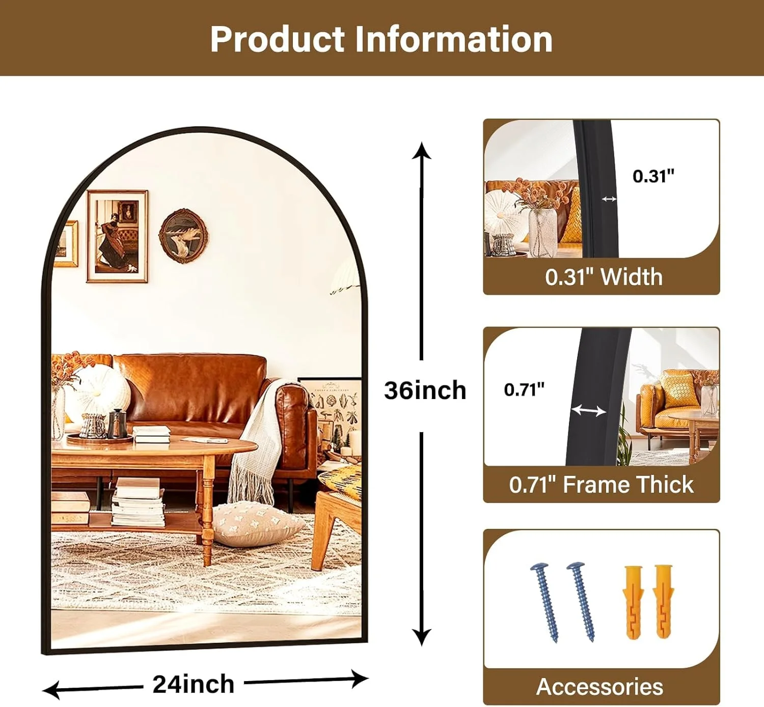 آینه قوسی VPHOME، آینه دیواری قوسی، آینه قوسی مشکی 60x90 سانتی متر، آینه حمام با قاب فلزی، آینه روشویی حمام برای اتاق نشیمن، اتاق خواب، ورودی راهرو (مشکی)