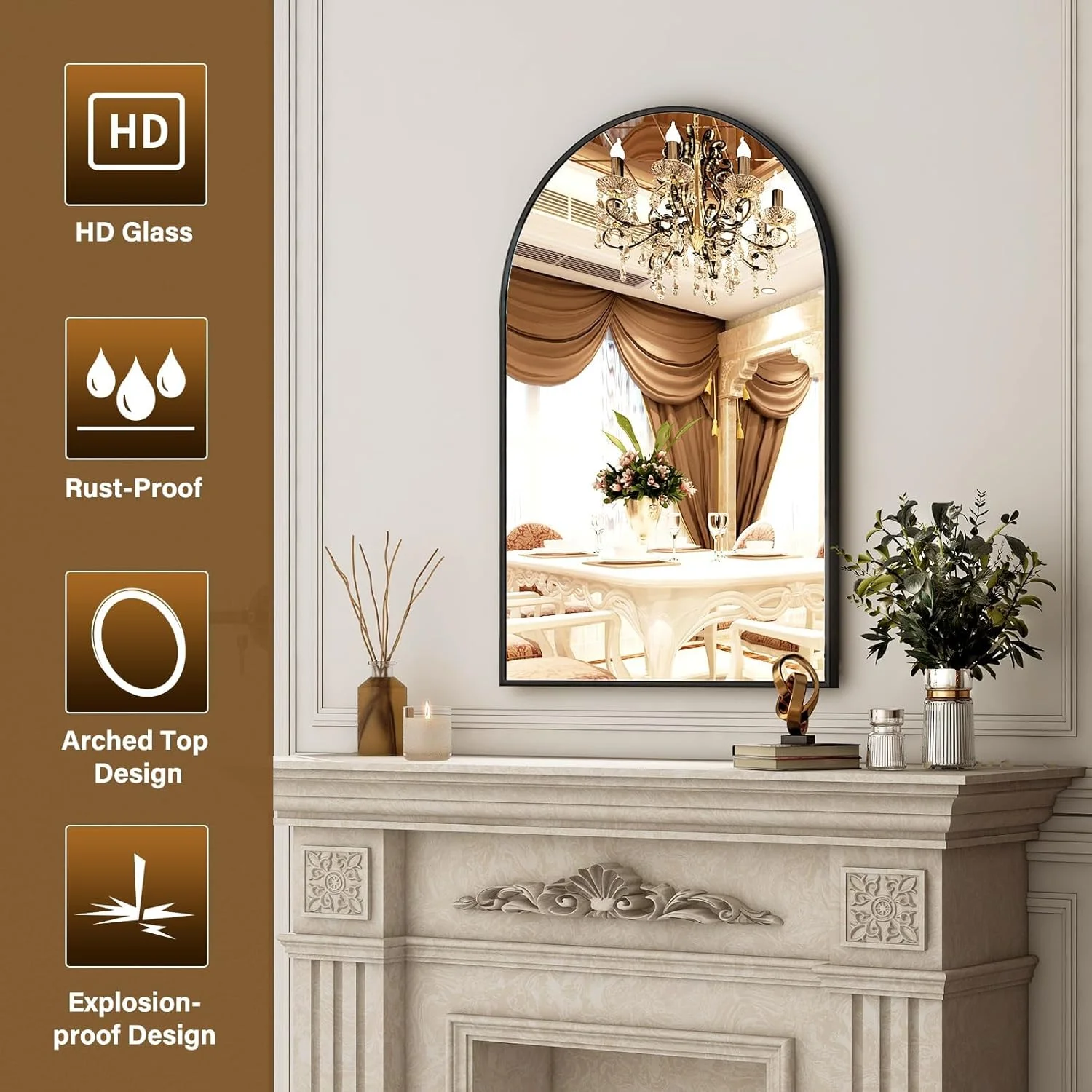 آینه قوسی VPHOME، آینه دیواری قوسی، آینه قوسی مشکی 60x90 سانتی متر، آینه حمام با قاب فلزی، آینه روشویی حمام برای اتاق نشیمن، اتاق خواب، ورودی راهرو (مشکی)