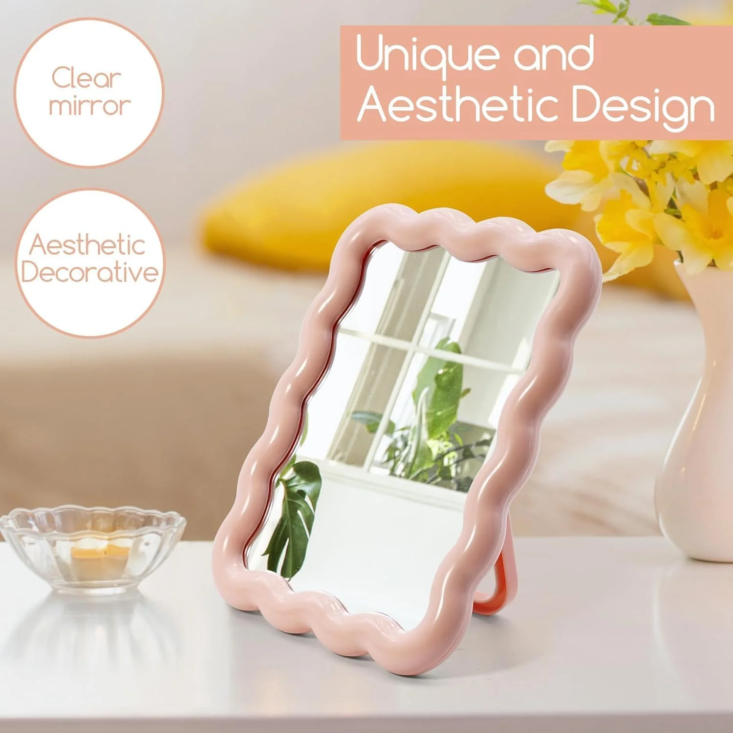 آینه آرایشی رومیزی طرح موج، آینه تاشو قابل حمل برای مسافرت، آینه آرایشی ایستاده/آویز برای زنان و دختران، آینه دکوری منزل (صورتی)