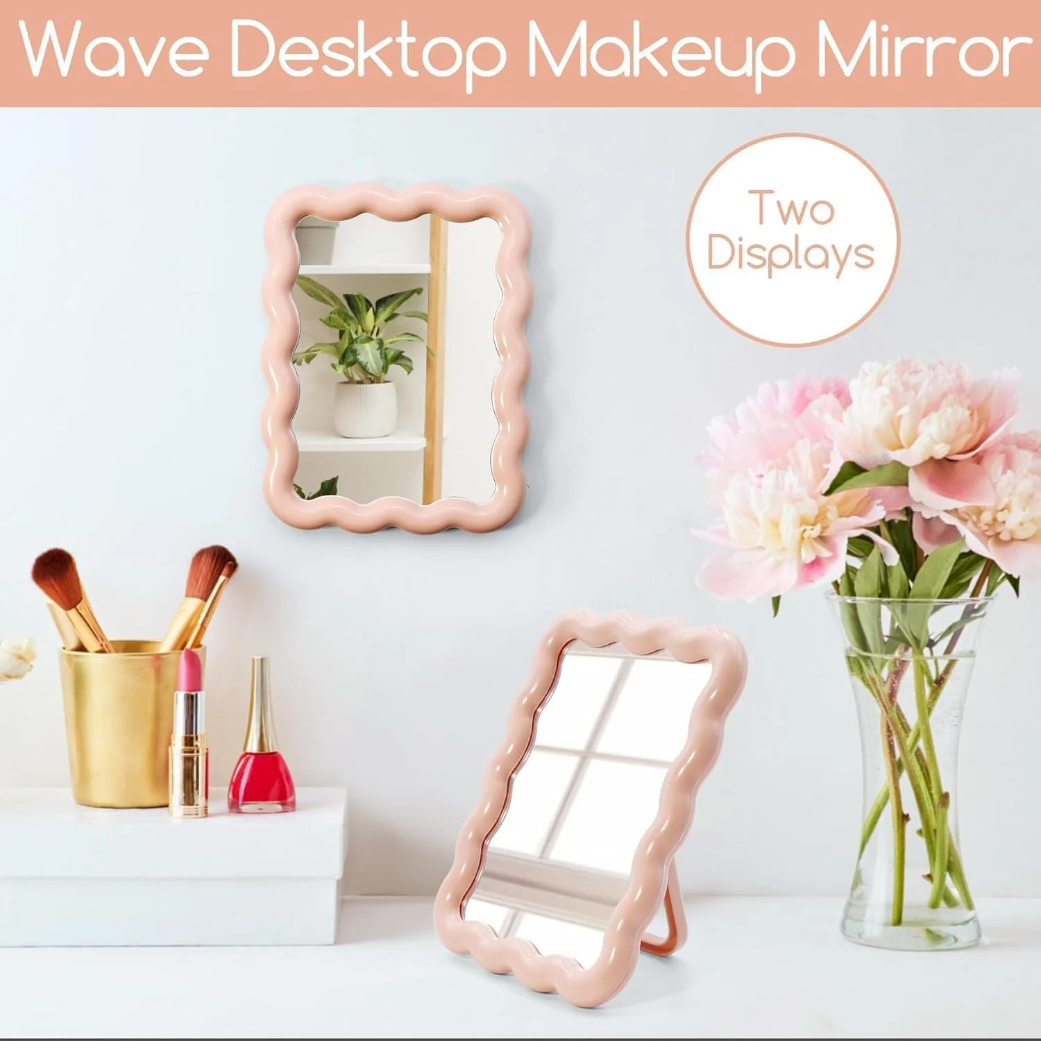 آینه آرایشی رومیزی طرح موج، آینه تاشو قابل حمل برای مسافرت، آینه آرایشی ایستاده/آویز برای زنان و دختران، آینه دکوری منزل (صورتی)