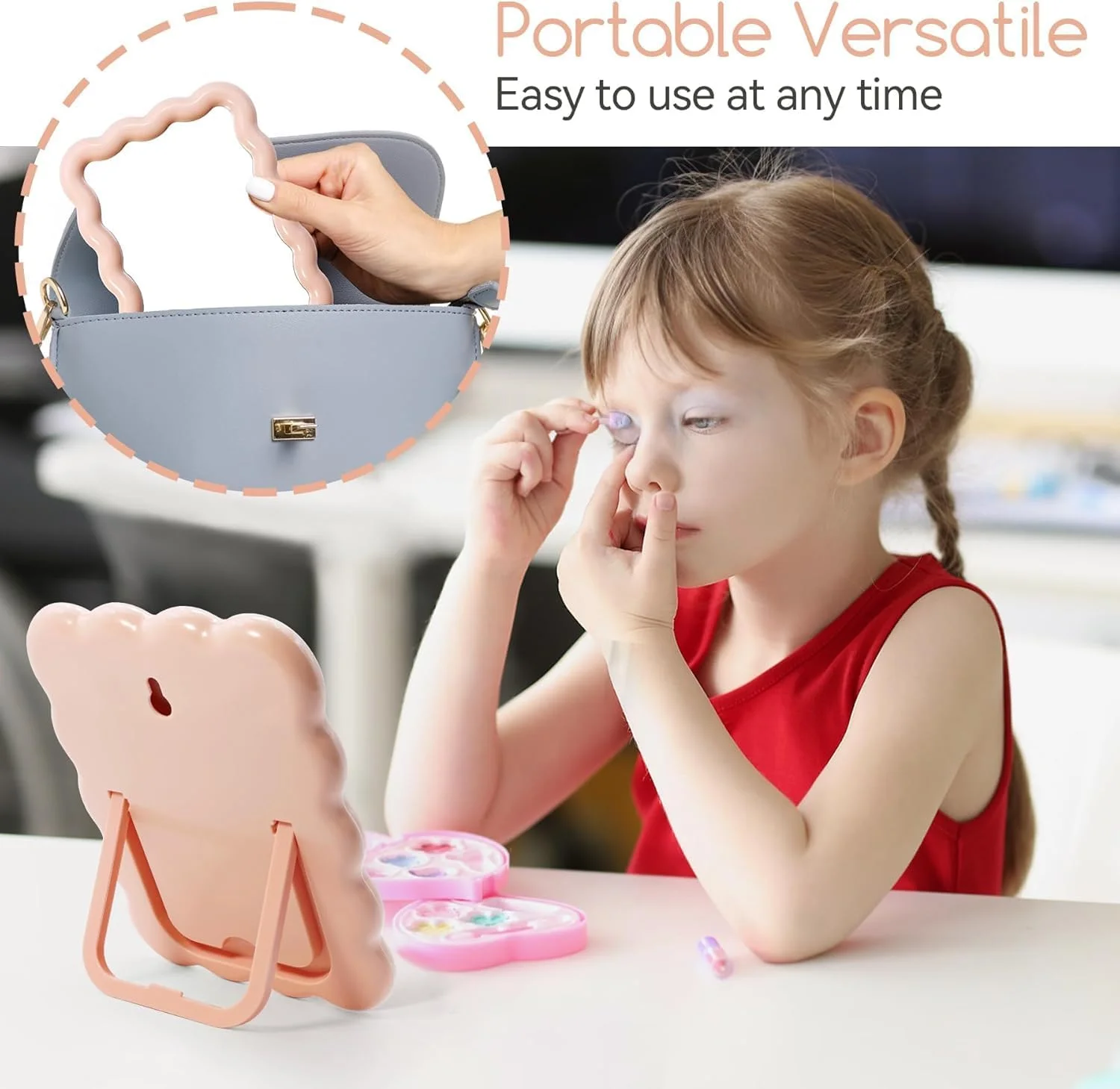 آینه آرایشی رومیزی طرح موج، آینه تاشو قابل حمل برای مسافرت، آینه آرایشی ایستاده/آویز برای زنان و دختران، آینه دکوری منزل (صورتی)