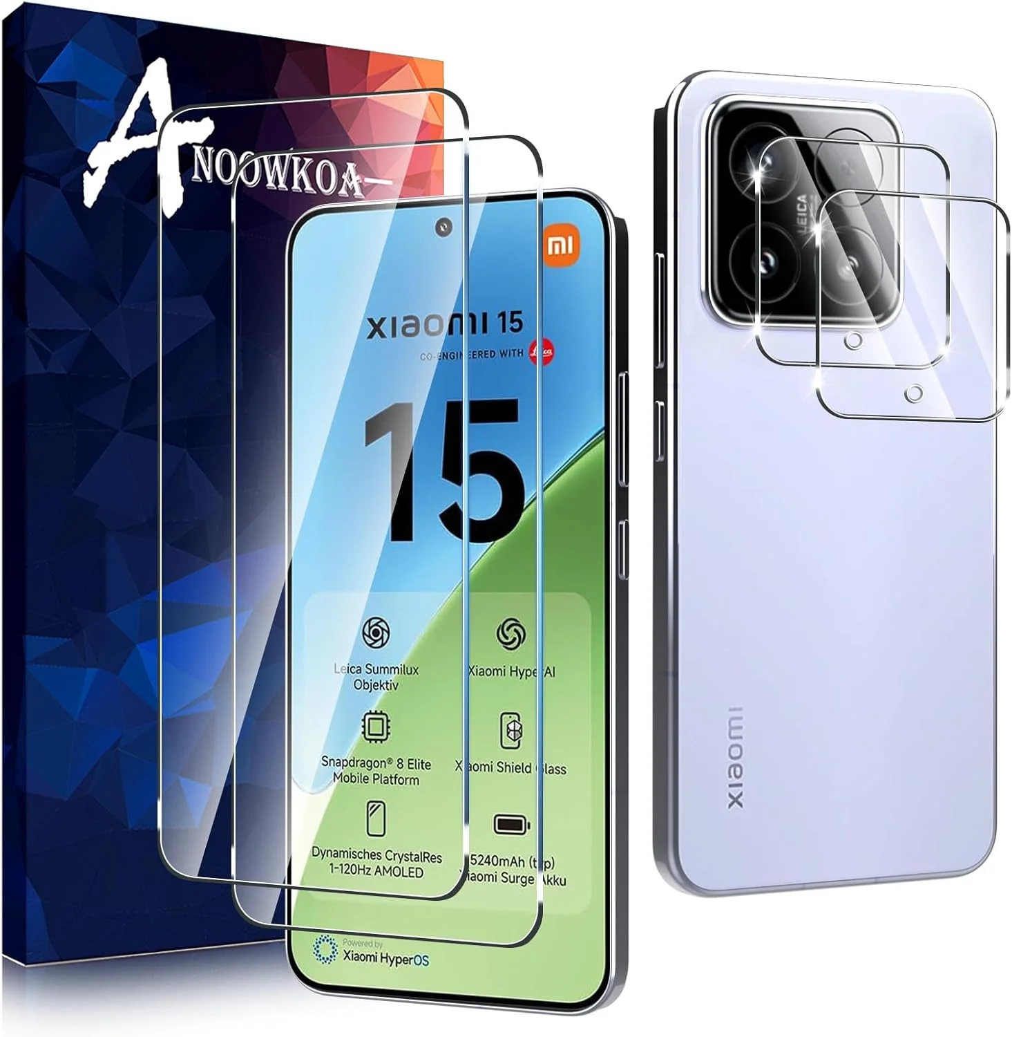 محافظ صفحه نمایش شیشه ای حرارت دیده شفاف برای شیائومی 15 5G به همراه محافظ لنز دوربین عقب، نصب آسان، 2+2 تکه محافظ صفحه نمایش شیشه ای حرارت دیده شفاف برای شیائومی 15 5G به همراه محافظ لنز دوربین عقب، نصب آسان، 2+2 تکه