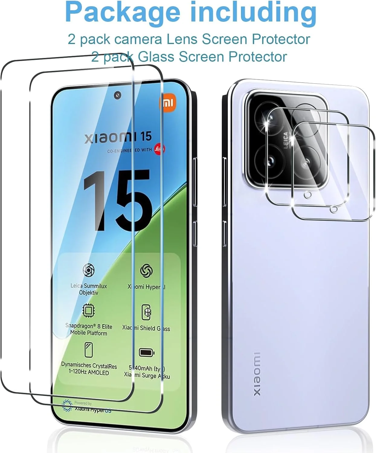 محافظ صفحه نمایش شیشه ای حرارت دیده شفاف برای شیائومی 15 5G به همراه محافظ لنز دوربین عقب، نصب آسان، 2+2 تکه