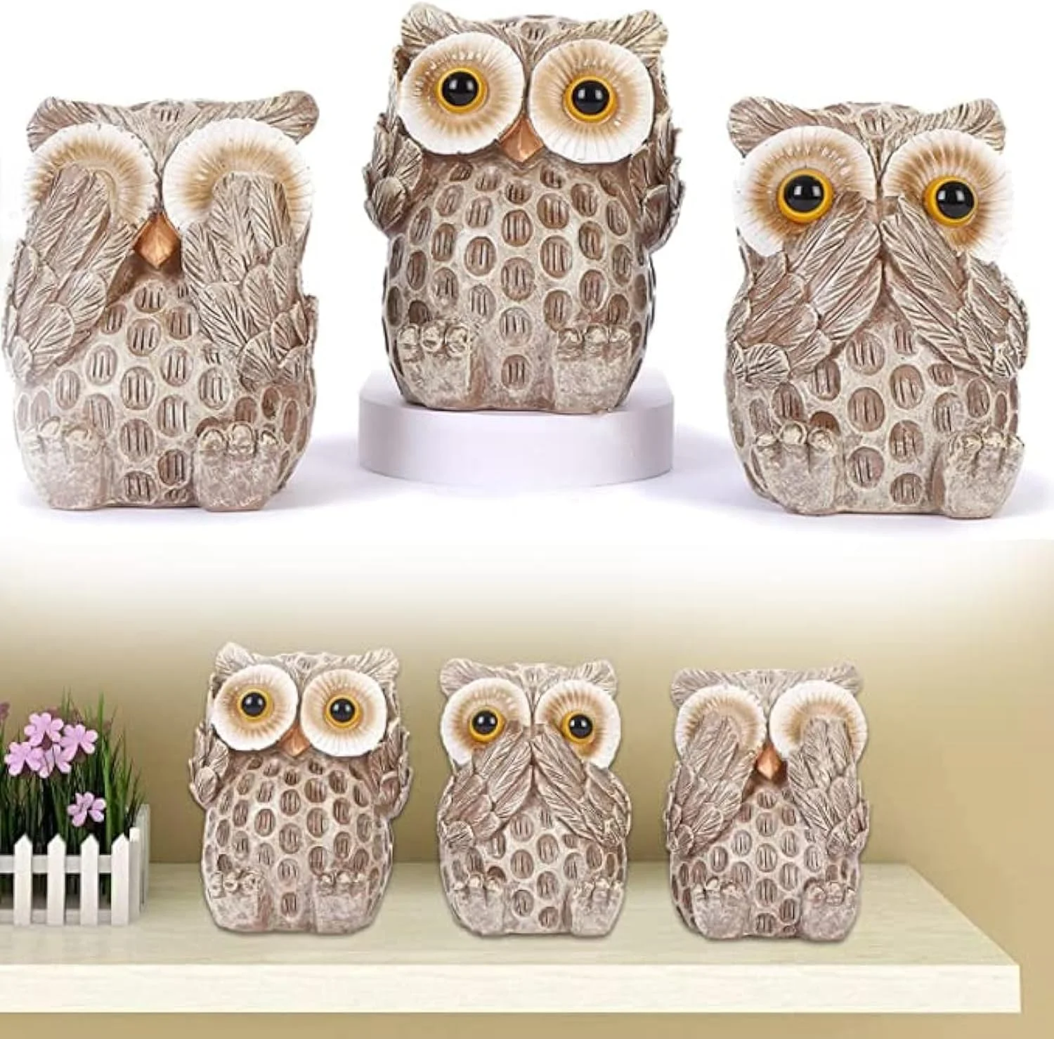 مجسمه های دکوری خانه KASTWAVE، مجسمه های جغد زیبا برای قفسه، اتاق نشیمن، اتاق خواب، میز کار، قفسه کتاب، مجسمه های حیوانات، وسایل تزئینی کوچک برای دوستداران پرندگان، بسته 3 عددی
