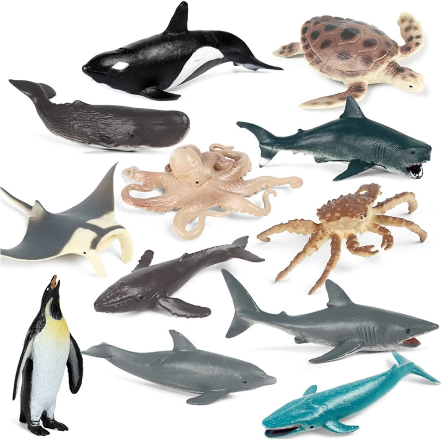 مجسمه حیوانات مینی سافاری KASTWAVE، اسباب بازی مجسمه حیوانات دریایی پلاستیکی واقعی، تزیین کیک جشن تولد کودکان شامل پنگوئن ها، لاک پشت ها، اختاپوس ها، نهنگ های گوژپشت، نهنگ ها و غیره (12 عدد)