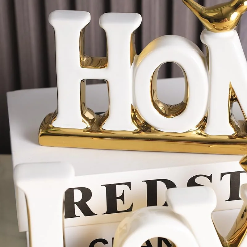 مجسمه تزئینی طرح خانه تزویق، دکوری فلزی سرامیکی طلایی و سفید، مناسب شلف، کتابخانه بوهو، مجسمه طلایی انتزاعی، برای دکور اتاق نشیمن، اتاق خواب، دکور رومیزی