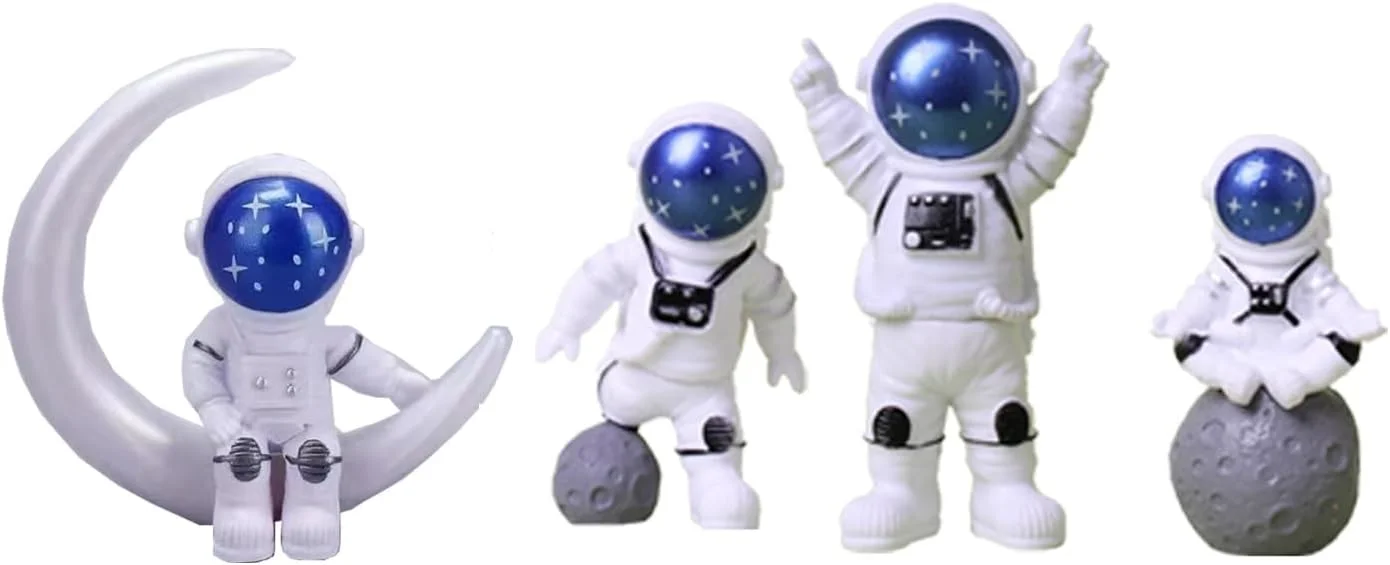 مجسمه های فضانورد تزویق، 4 عددی، آبی و سفید، دکوری با تم فضایی، دکور اتاق بامزه برای تزئینات اتاق با تم فضا و تزیین کیک