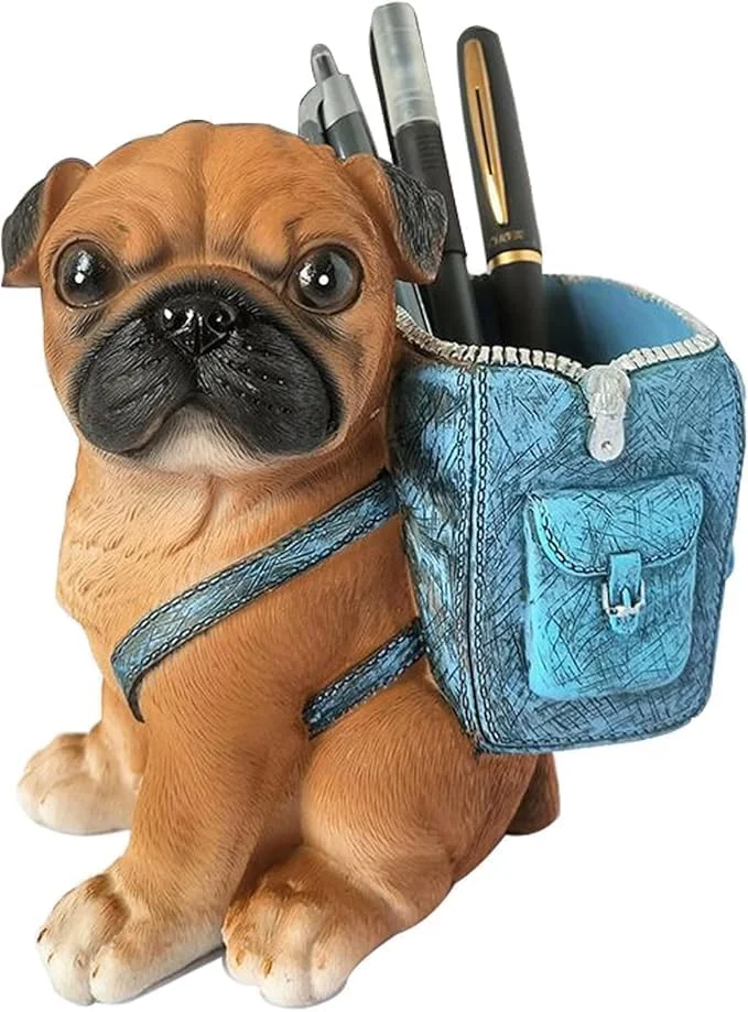 Tazweeq Pug Dog Statue Home Decor, Puppy Dog Figurine Decorations Resin Dog Sculpture, for Home Office, Bookshelf Desktop, Living Room Ornaments, Pen Pencil Holder, for Desk (Blue Backpack)