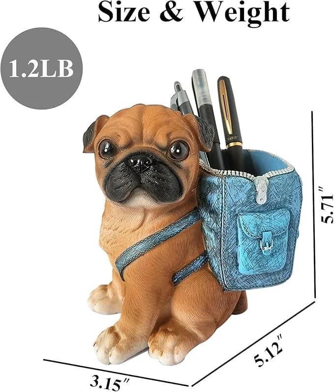 Tazweeq Pug Dog Statue Home Decor, Puppy Dog Figurine Decorations Resin Dog Sculpture, for Home Office, Bookshelf Desktop, Living Room Ornaments, Pen Pencil Holder, for Desk (Blue Backpack)