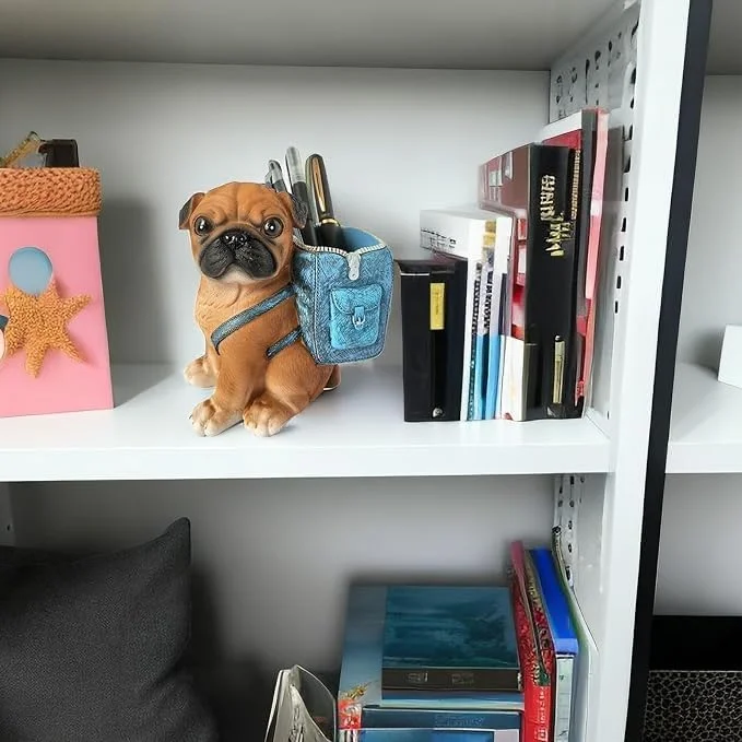 Tazweeq Pug Dog Statue Home Decor, Puppy Dog Figurine Decorations Resin Dog Sculpture, for Home Office, Bookshelf Desktop, Living Room Ornaments, Pen Pencil Holder, for Desk (Blue Backpack)