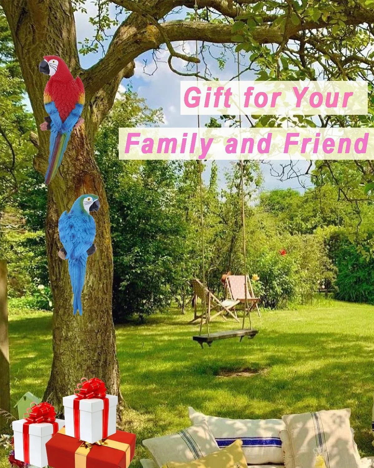 مجسمه تزئینی بزرگ طوطی تزویق، 2 عدد مجسمه طوطی واقعی، مجسمه های ماکائو شبیه به زندگی برای درخت نخل، باغ جنگلی، حیاط پاسیو