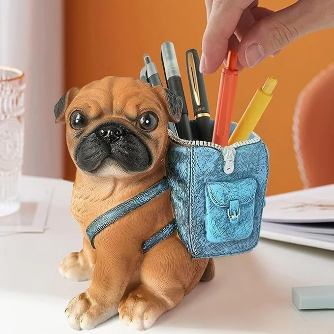 Tazweeq Pug Dog Statue Home Decor, Puppy Dog Figurine Decorations Resin Dog Sculpture, for Home Office, Bookshelf Desktop, Living Room Ornaments, Pen Pencil Holder, for Desk (Blue Backpack)