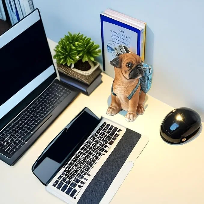Tazweeq Pug Dog Statue Home Decor, Puppy Dog Figurine Decorations Resin Dog Sculpture, for Home Office, Bookshelf Desktop, Living Room Ornaments, Pen Pencil Holder, for Desk (Blue Backpack)