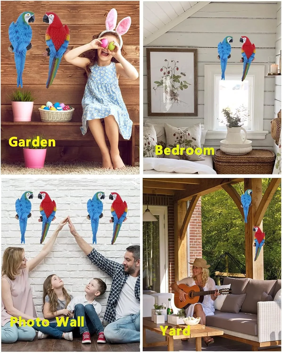 مجسمه تزئینی بزرگ طوطی تزویق، 2 عدد مجسمه طوطی واقعی، مجسمه های ماکائو شبیه به زندگی برای درخت نخل، باغ جنگلی، حیاط پاسیو