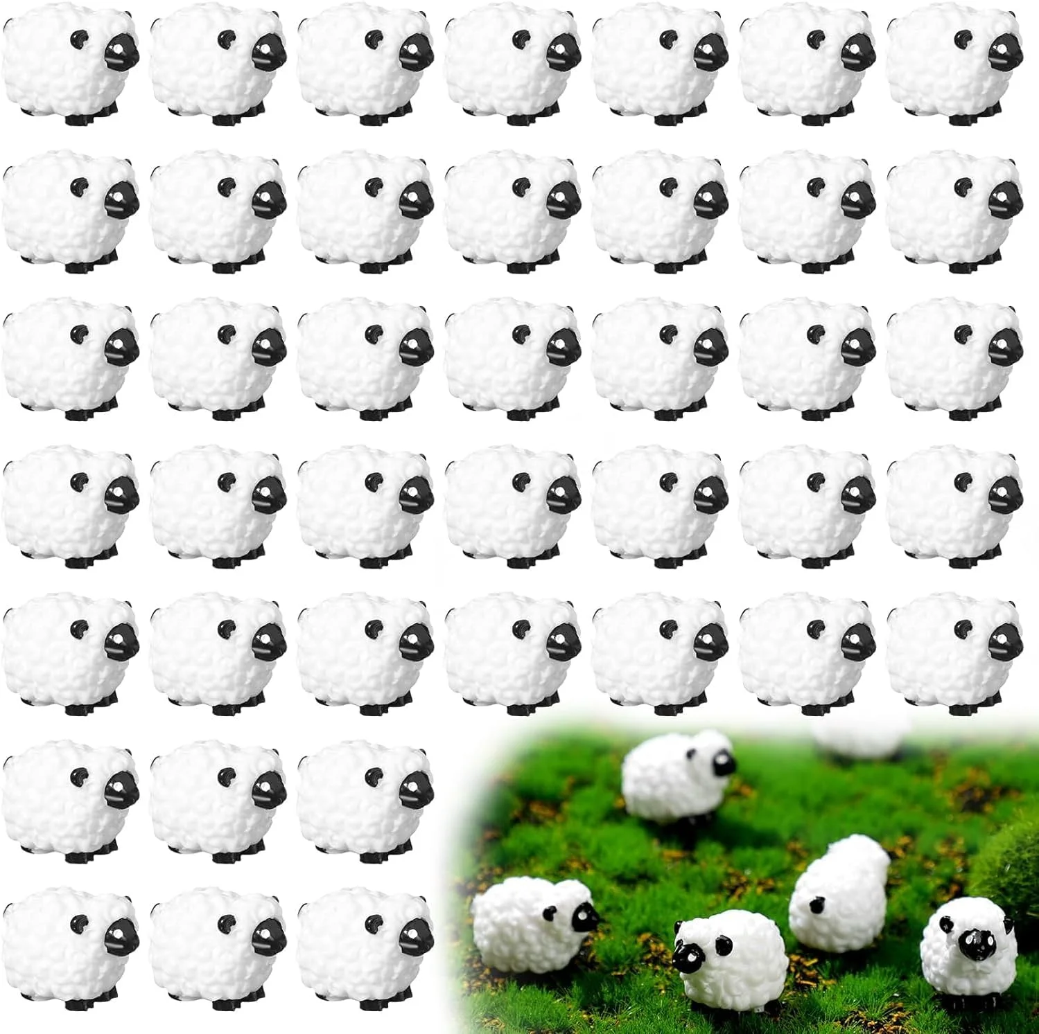 تزویق 50 عدد مجسمه مینیاتوری گوسفند، مجسمه کوچک سفید، دکوراسیون رزینی کوچک و زیبا برای منظره، هدیه روکش کیک، لوازم جانبی تزئینی DIY باغ برای فضای داخلی و خارجی