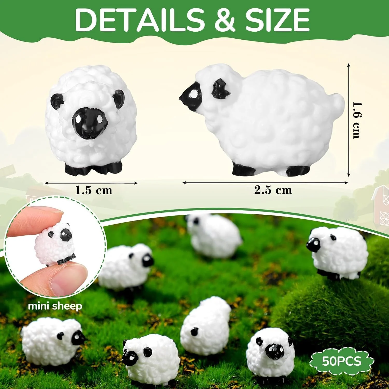 تزویق 50 عدد مجسمه مینیاتوری گوسفند، مجسمه کوچک سفید، دکوراسیون رزینی کوچک و زیبا برای منظره، هدیه روکش کیک، لوازم جانبی تزئینی DIY باغ برای فضای داخلی و خارجی