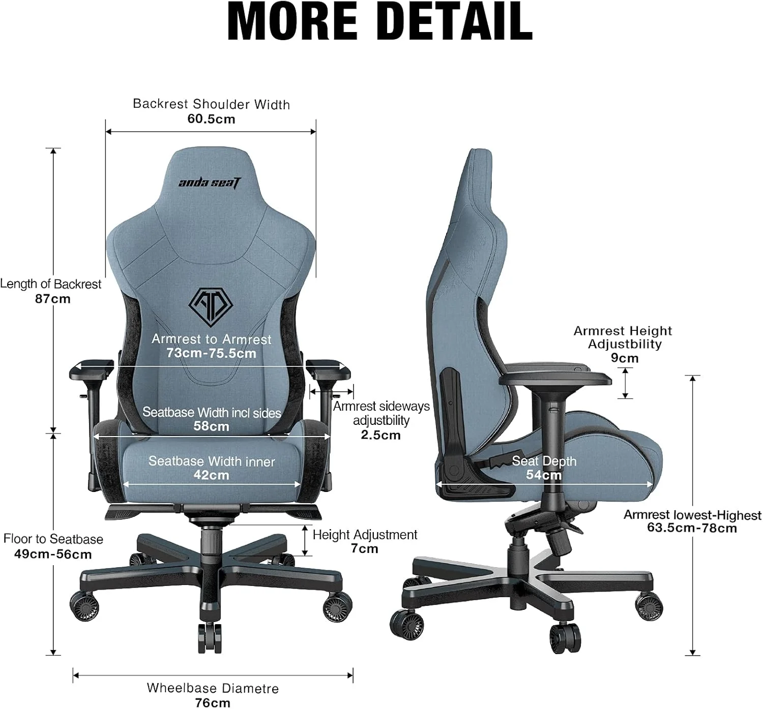 صندلی گیمینگ پارچه ای Anda Seat، صندلی بازی ارگونومیک اداری T PRO 2، صندلی چرخان تکیه گاه XL با دسته PU قابل تنظیم 4D، صندلی ویدیویی گهواره ای تکیه گاه 160 درجه با پشتی سر بالشتی کمری برای خانه (آبی)