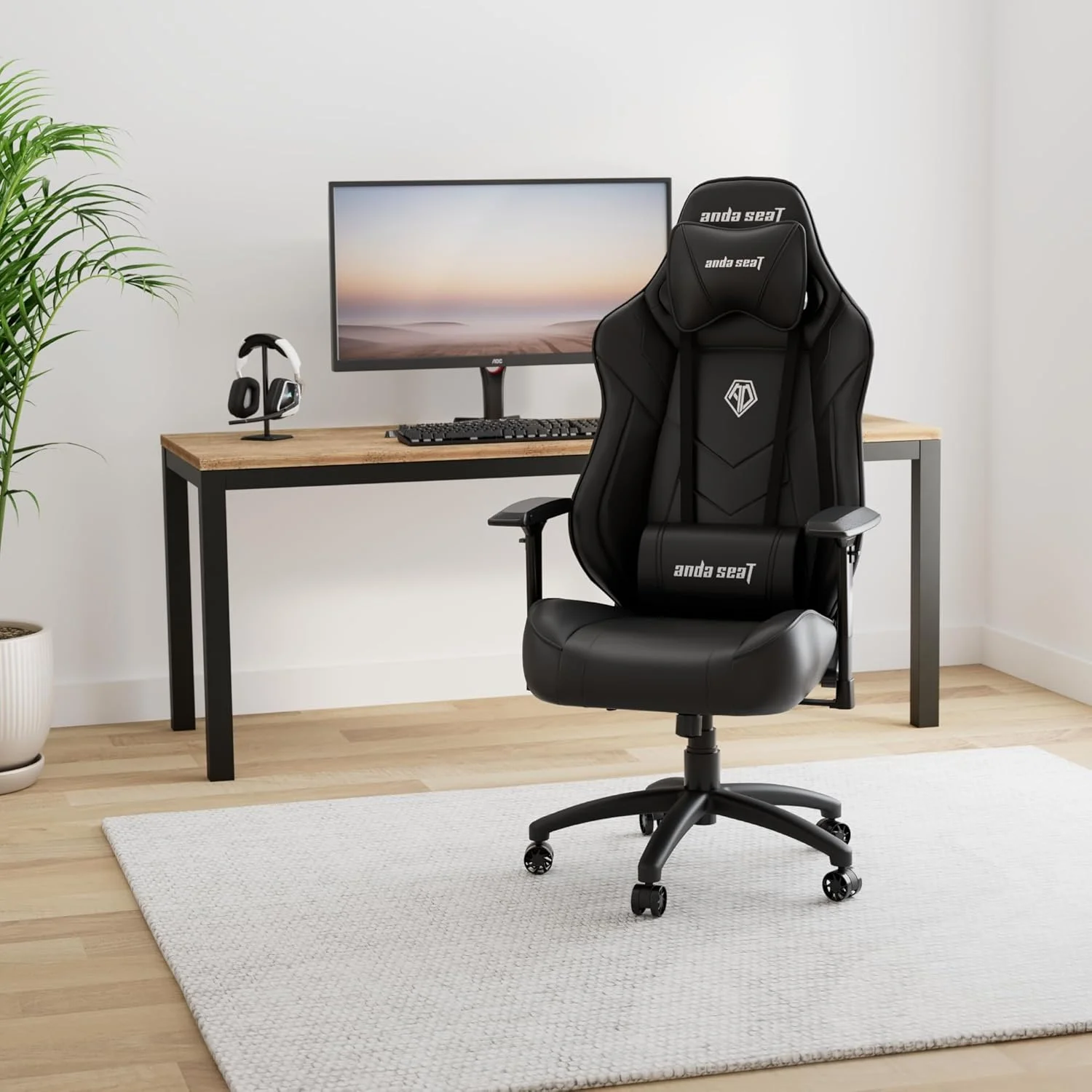 صندلی گیمینگ ارگونومیک ANDASEAT DARK DEMON، صندلی اداری چرمی PVC چرخشی، صندلی بازی ویدیویی با تکیه گاه بازوی PU قابل تنظیم 4 بعدی، صندلی گهواره ای تکیه گاه 160 درجه با بالشتک کمری برای خانه - مشکی