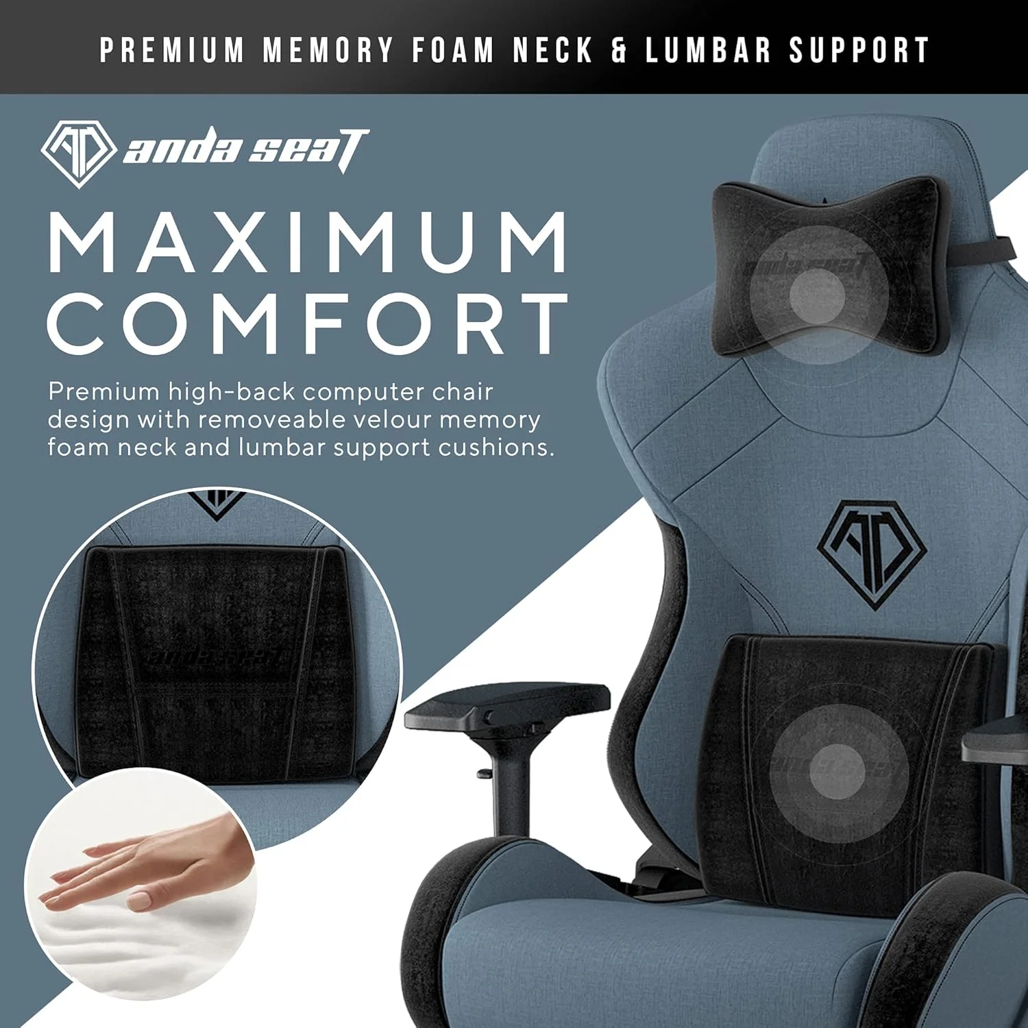 صندلی گیمینگ پارچه ای Anda Seat، صندلی بازی ارگونومیک اداری T PRO 2، صندلی چرخان تکیه گاه XL با دسته PU قابل تنظیم 4D، صندلی ویدیویی گهواره ای تکیه گاه 160 درجه با پشتی سر بالشتی کمری برای خانه (آبی)