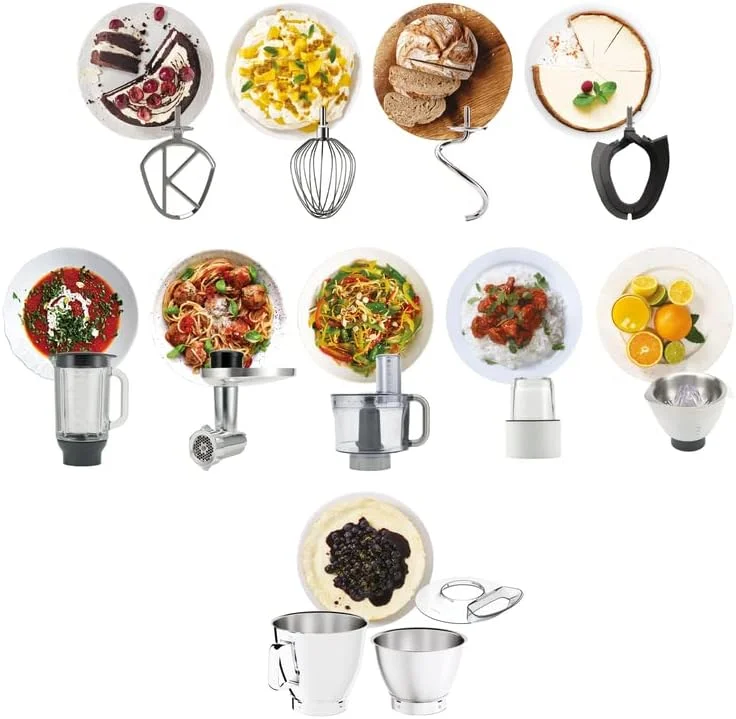 آشپزخانه ماشین کنوود بدنه فلزی TITANIUM CHEF BAKER XL با ترازو داخلی، DuoBowl، 4 ابزار، مخلوط کن شیشه ای، چرخ گوشت، غذاساز، آب مرکبات گیری، آسیاب چند منظوره KVL85.704SI نقره ای