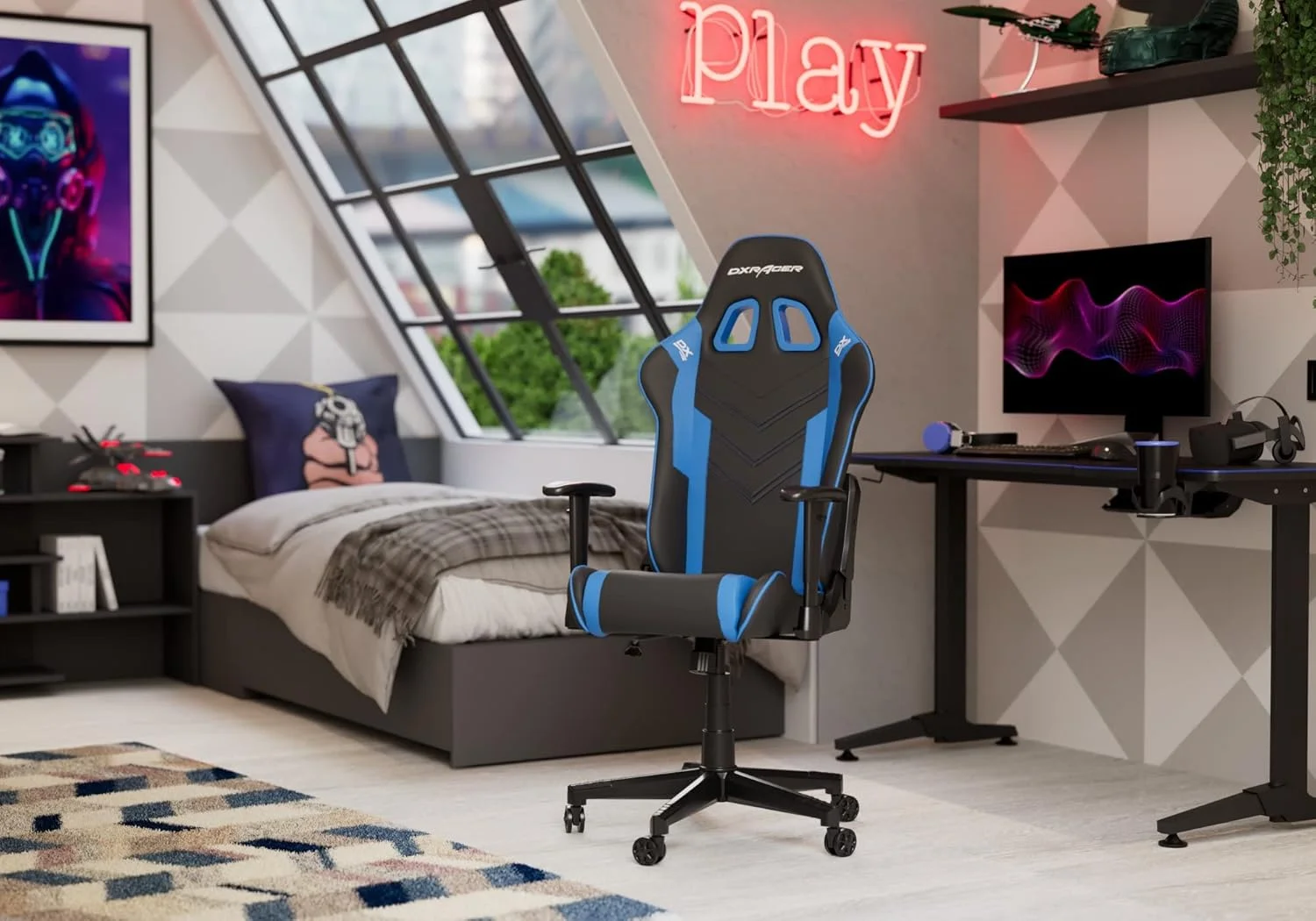 صندلی گیمینگ DXRacer Prince P132 (مدل اصلی)، چرم مصنوعی، مشکی-آبی، مناسب برای قد تا 185 سانتی متر