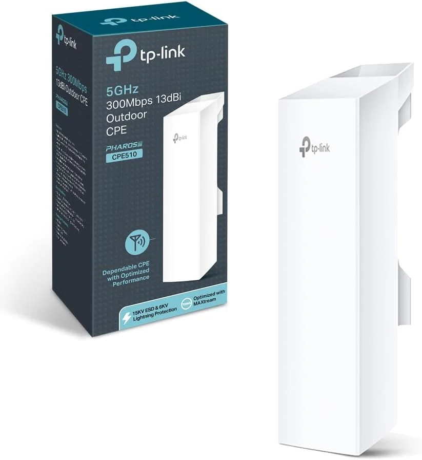 دستگاه CPE بیرونی TP-Link N300 5GHz با برد بلند برای انتقال PtP و PtMP | پل بی سیم نقطه به نقطه | 13dBi، 15km+ | دارای منبع تغذیه PoE غیرفعال با انژکتور PoE رایگان | کنترل Pharos (CPE510) سفید