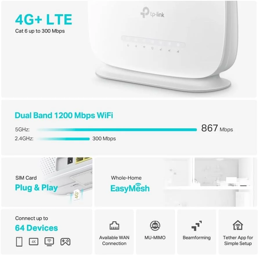 روتر گیگابیتی بیسیم دو بانده AC1200 TP-Link 4G+ Cat6 | روتر موبایل 4G با سیمکارت نانو | فناوری MU-MIMO، راهاندازی آسان - Archer MR505 روتر گیگابیتی بیسیم دو بانده AC1200 TP-Link 4G+ Cat6 | روتر موبایل 4G با سیمکارت نانو | فناوری MU-MIMO، راهاندازی آسان - Archer MR505