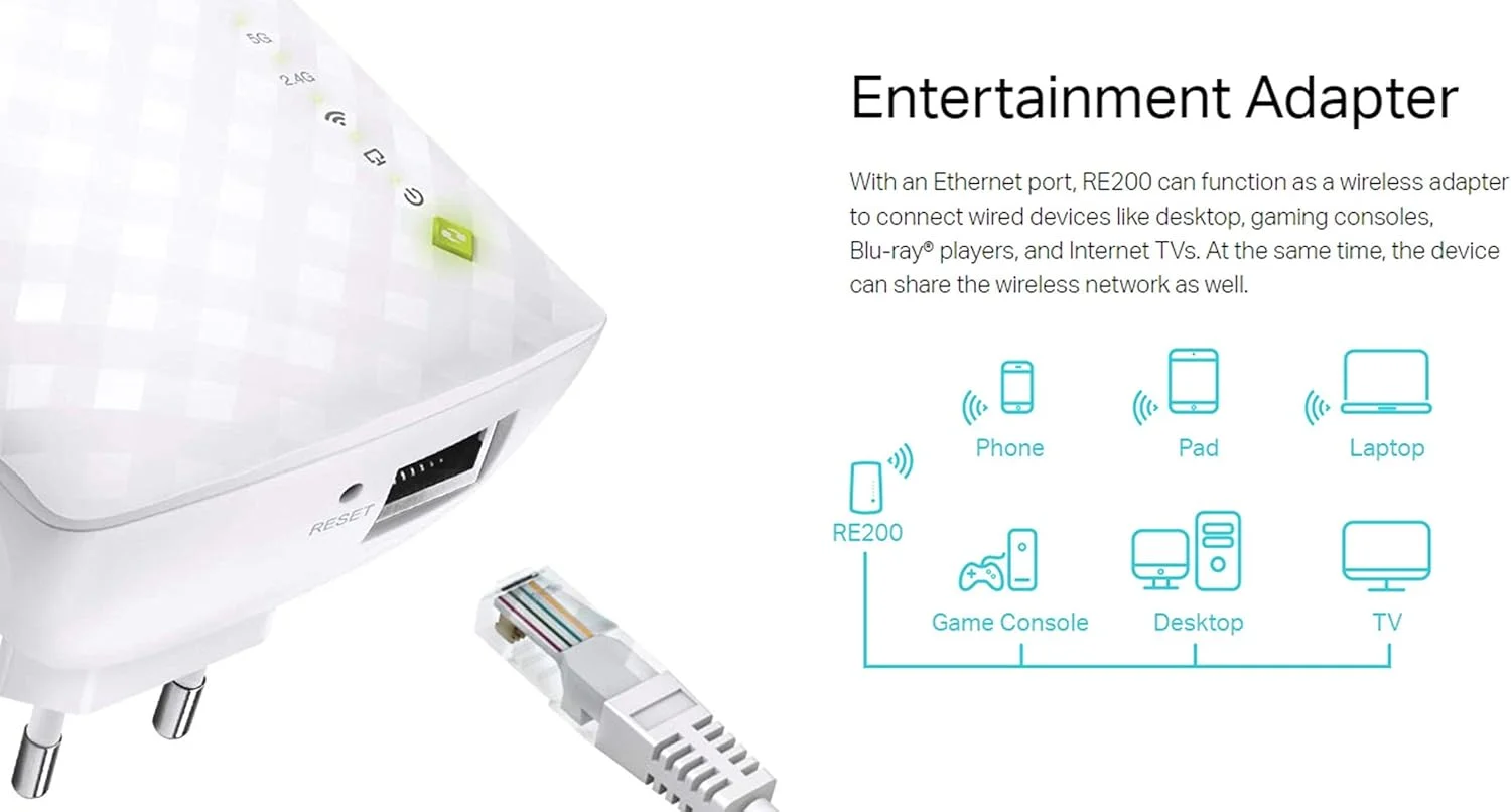 تقویت کننده محدوده وای فای TP-Link AC750 | تا 750 مگابیت در ثانیه | تقویت کننده وای فای دو بانده، تکرار کننده، تقویت کننده سیگنال وای فای، نقطه دسترسی | راه اندازی آسان | گسترش وای فای به خانه هوشمند و دستگاه های الکسا (RE200) تقویت کننده محدوده وای فای TP-Link AC750 | تا 750 مگابیت در ثانیه | تقویت کننده وای فای دو بانده، تکرار کننده، تقویت کننده سیگنال وای فای، نقطه دسترسی | راه اندازی آسان | گسترش وای فای به خانه هوشمند و دستگاه های الکسا (RE200)