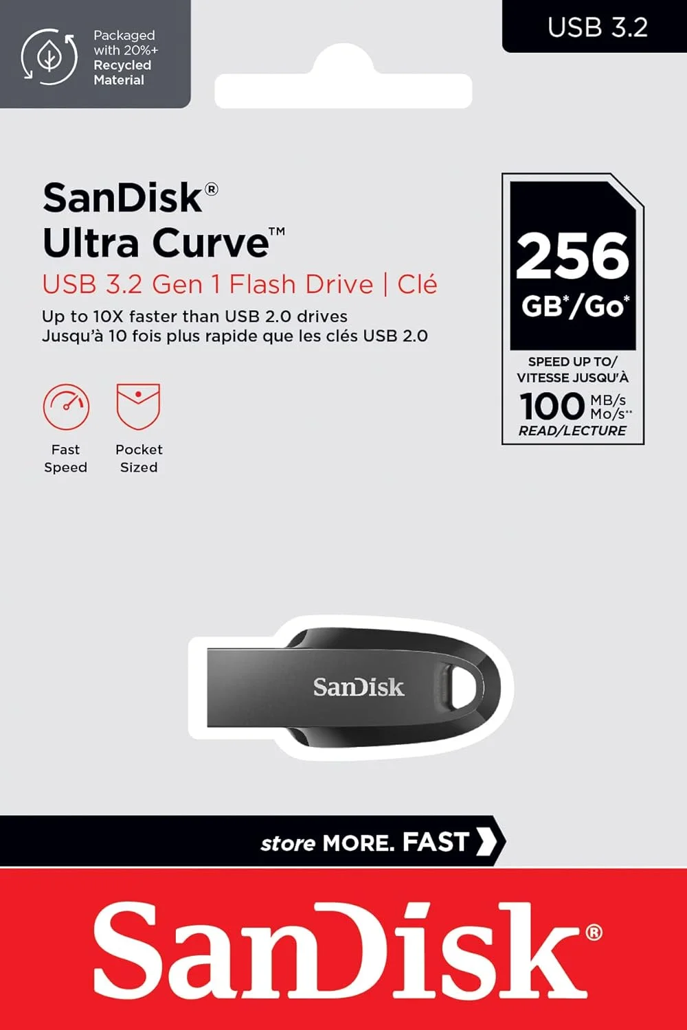 فلش مموری سندیسک Ultra Curve با ظرفیت 256 گیگابایت، USB 3.2 و سرعت 100 مگابایت بر ثانیه، مدل SDCZ550 256G G46، رنگ مشکی