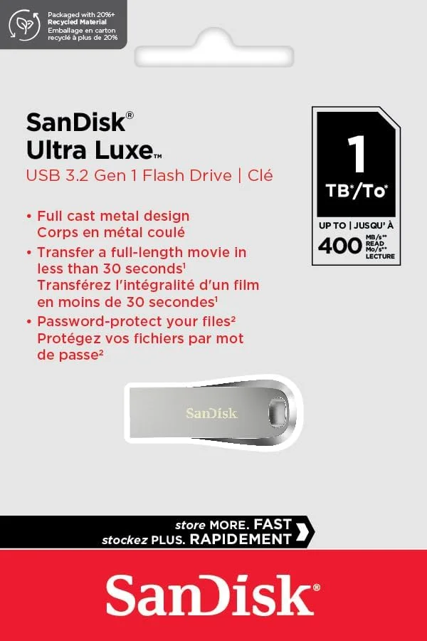 فلش مموری USB 3.2 سن دیسک Ultra Luxe با رابط USB Type-A ظرفیت 1 ترابایت (USB 3.2 Gen 1 + USB 3.0، سرعت تا 400 مگابایت بر ثانیه، محافظت با رمز عبور، نرم افزار بازیابی اطلاعات) طراحی فلزی، نقره ای
